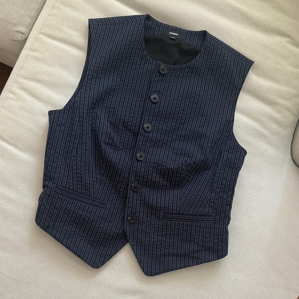 Striped Navy Button-Up Vest Express
